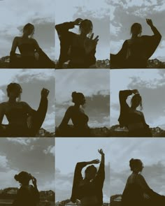 four photos of two women sitting on the ground and one is holding her hands up in the air