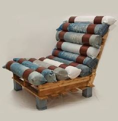 a couch made out of old jeans and pillows