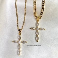 DESCRIPTION: A beautiful symbol of faith is designed with our 18K Gold Plated Crystal Cross necklace. Hand set Cubic Zirconia stones are perfectly placed to allow this piece to shine from all angles. LENGTH: Multiple chain sizes available for selection above. Pendant: 1 inch. MATERIAL: 18K Gold Plated over Stainless Steel. Hypoallergenic, Tarnish Free and Water Resistant. Mix and match with any of our 18K Gold Necklaces and Anklets to create the most unique and customized look! All orders are sh Pretty Gold Cross Necklace, Matching Cross Necklaces, Crystal Cross Necklace, Cross Necklace Aesthetic, Cross Necklace Womens, Cross Gold Necklace, Gold Cross Necklace For Women, Heart Initial Necklace, Customized Necklace