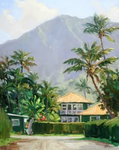 an oil painting of a house and palm trees in front of a large mountain range