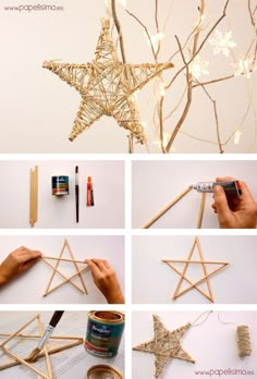 the star is made out of wood sticks and string, then put together to make it look like an ornament