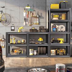 a garage filled with lots of different types of tools and supplies on shelves next to a bike