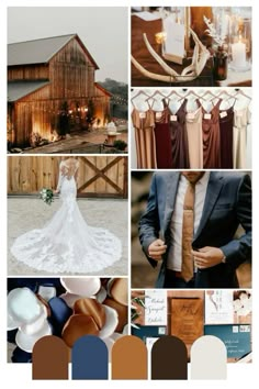 a collage of photos with different colors and wedding attire on display in front of a barn