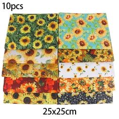 four different sunflowers are shown on the side of each piece of fabric, one is