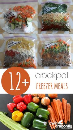 four bags of freezer meals with the text 12 + crockpot freeze meals