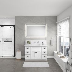 a white bathroom with a large mirror above the sink and shower area, along with a ladder