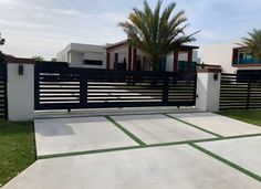 a modern gated driveway with grass and palm trees in the foreground, leading to a house