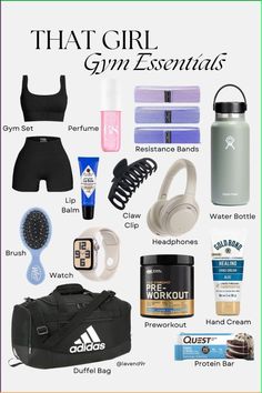 the contents of a gym bag with text that says, that girl gym essentials