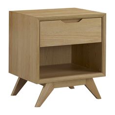 a wooden night stand with two drawers on one side and an open drawer on the other