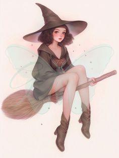 a woman sitting on top of a broom wearing a witches hat and holding a wand