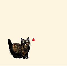 a black cat with green eyes and a red heart on its tail, standing in front of a white background