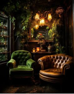 two green chairs sitting in front of a window next to a potted plant on a shelf