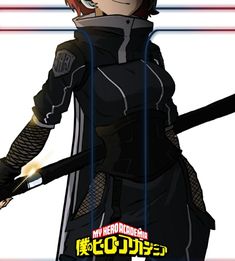 an anime character with red hair and black outfit holding two swords in one hand, while standing