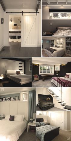 there are many pictures of different rooms in this house, including a bed and stairs