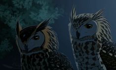 two owls standing next to each other in front of a dark background with green leaves