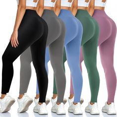 five women's leggings in different colors and sizes, all with the same amount