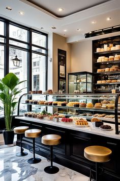 a bakery with lots of cakes and pastries on display in front of large windows