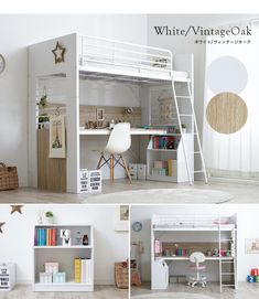 there is a white loft bed and desk in the room with bookshelves on it