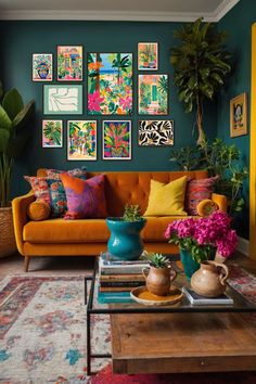 a living room filled with lots of colorful furniture and art on the wall above it