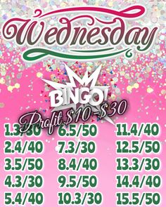 the flyer for wednesday's event is shown in pink and green with confetti