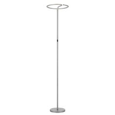 a white floor lamp with a circular light fixture on the top and an oval metal base