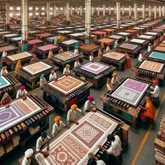 many people are sitting at tables in a large room that is filled with wooden benches