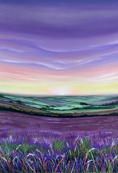 a painting of a field with purple and green grass