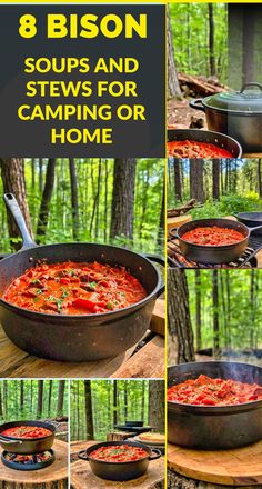 the steps to cooking soup in a cast iron skillet on a picnic table with trees and woods