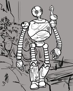 a cartoon robot with two birds on his shoulder