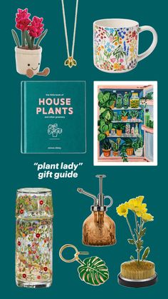 various items are arranged on a blue background with the words plant lady gift guide written below