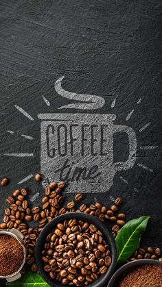 coffee beans and spices on a chalkboard with the words coffee time