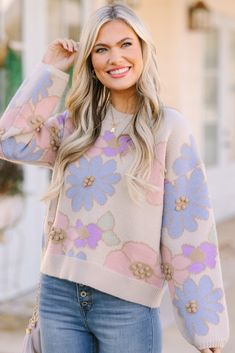 floral sweaters, muted colors, spring sweaters, cute sweaters Spring Sweaters, Bra Models, Floral Sweater, Spring Sweater, Drop Shoulder Sweaters, Swimsuits High Waisted, Sport Dress, Easy To Love, Brown Floral