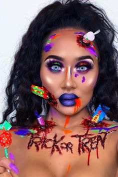 Gory Glam Halloween Makeup, Scary Candy Makeup, Fx Halloween Makeup Scary, Candy Sfx Makeup, Scream Makeup Halloween, Scary Pretty Halloween Costumes, Halloween Candy Makeup, Candy Makeup Halloween, Candy Halloween Makeup