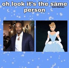 a man in a suit standing next to a woman wearing a princess dress and the caption oh look it's the same person