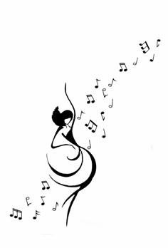 a black and white drawing of a woman with musical notes