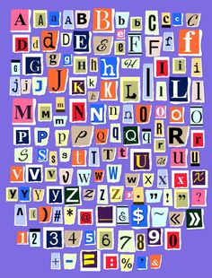 the alphabets are made up of different letters and numbers in various colors on a purple background