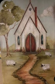 a painting of sheep in front of a church