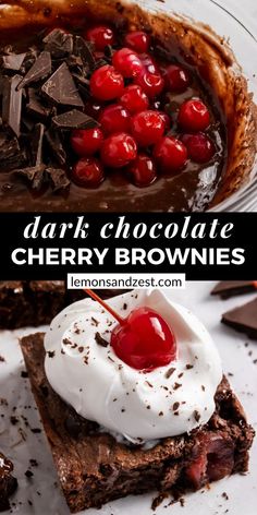 chocolate cherry brownies are topped with whipped cream and cherries in this dessert dish