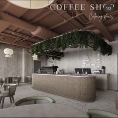 the interior of a coffee shop with plants growing on the ceiling and tables in front of it