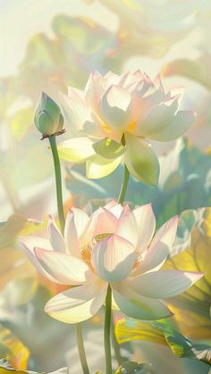 two white flowers are in the middle of some water lilies with leaves around them