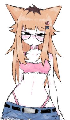 a drawing of a girl with long hair and pink eyes wearing blue shorts, looking to the side