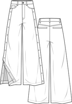 the front and back view of a women's pants with buttons on each side