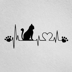 a black cat sitting on top of a white wall next to a heart and paw prints