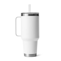 a white coffee cup with a straw in the lid and handle is shown on a white background