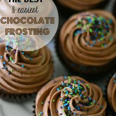 chocolate frosted cupcakes with sprinkles and the words, the best & easier chocolate frosting