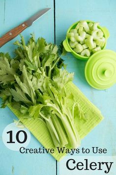 celery on a blue table with the title 10 creative ways to use celery