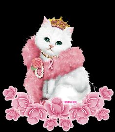 a white cat wearing a tiara and holding a pink teddy bear in its paws