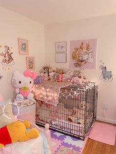 a child's bedroom decorated in pastel colors with teddy bears and other stuffed animals