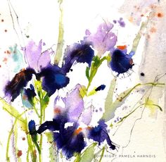 watercolor painting of purple flowers in a vase