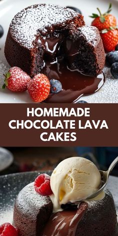 homemade chocolate lava cakes with ice cream and berries